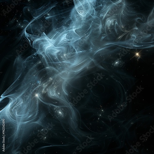 A mesmerizing dark cosmic nebula with ethereal blue smoke swirling through the starry void. This abstract space scene evokes a sense of mystery and infinity, ideal for space-themed designs, digital