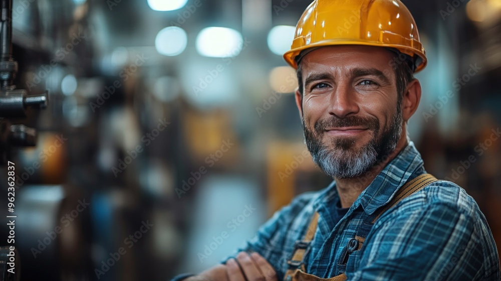 A smiling worker in a hard hat and blue plaid shirt stands in a factory setting. A smiling worker in a hard hat and blue plaid shirt stands in a factory setting.