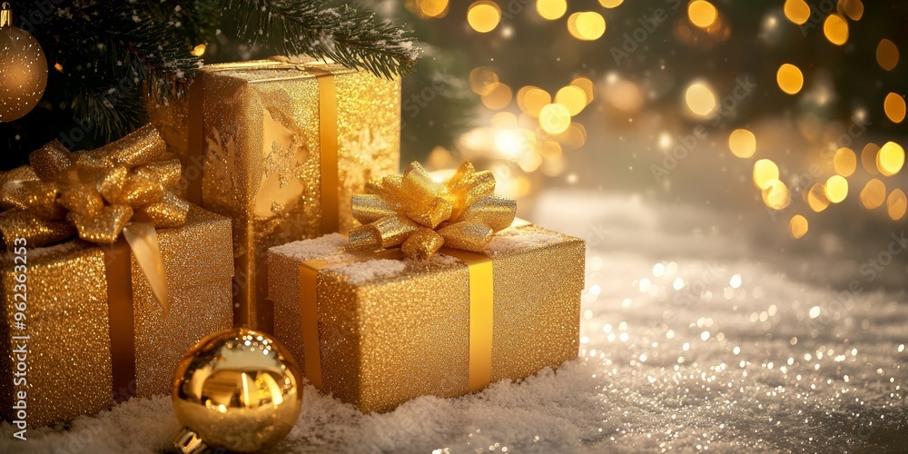 Golden Christmas gifts with glittery bows under a decorated tree, surrounded by soft lights and ornaments on a snow-dusted surface, glowing with a warm holiday ambiance.