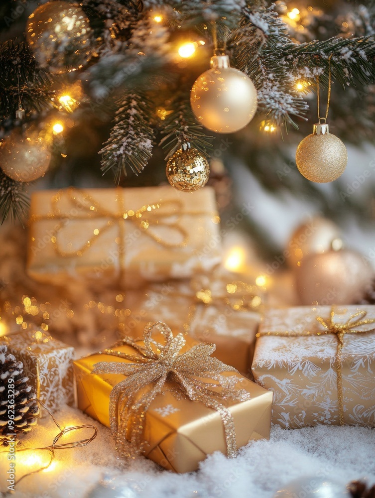 Golden Christmas gifts with glittery bows under a decorated tree, surrounded by soft lights and ornaments on a snow-dusted surface, glowing with a warm holiday ambiance. Golden Christmas gifts with glittery bows under a decorated tree, surrounded by soft lights and ornaments on a snow-dusted surface, glowing with a warm holiday ambiance.