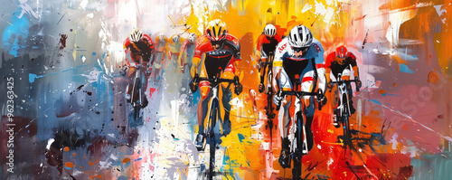 Painting of a group of cyclists racing full of bright colors and splatters of paint, giving it a dynamic and energetic feel.