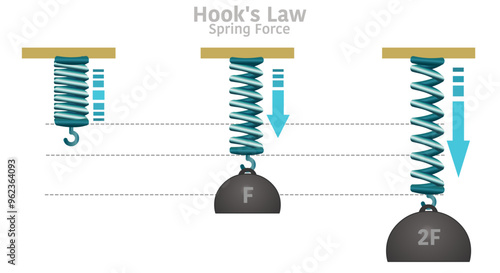 Hooke's law. Hookes, amount of force applied to an elastic object is proportional to how far it stretches. linear elastic materials. Flexible metal spiral physics springs diagram. Vector illustration
