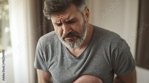 A man holds his stomach in pain, his face contorted in discomfort.