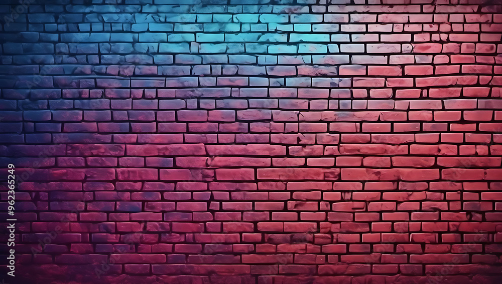 Grainy gradient neon blue red brick wall background light to dark vintage grunge urban room for copy Grainy gradient neon blue red brick wall background light to dark vintage grunge urban room for copy