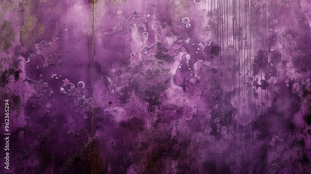 Obraz premium A close-up shot of a weathered wall featuring rich, textured stains in purple and black hues. The image captures the rough surface and varied tones, creating a striking, abstract composition.