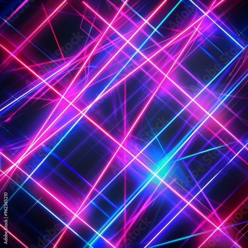 An abstract composition of vibrant neon light beams crisscrossing against a dark background. The image features intense pink, blue, and purple hues, creating a futuristic and energetic vibe. Ideal for