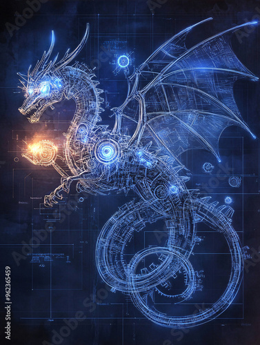 ntricate Blueprint of a Mechanical Dragon with Gears and Circuits, Steampunk and Futuristic Design, Glowing Schematic Detailing a Robotic Dragon Breathing Fire, Engineering Concept Art photo