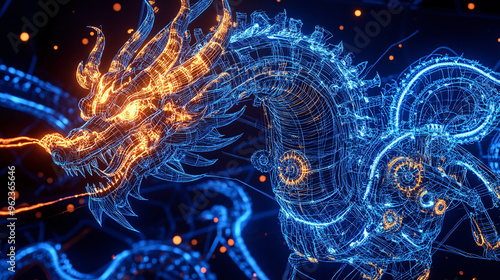 ntricate Blueprint of a Mechanical Dragon with Gears and Circuits, Steampunk and Futuristic Design, Glowing Schematic Detailing a Robotic Dragon Breathing Fire, Engineering Concept Art photo