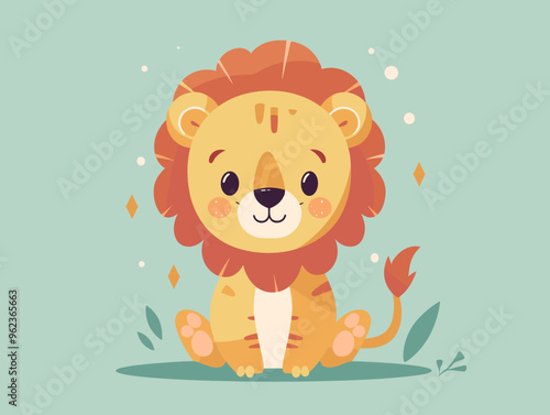 Cute cartoon lion sitting on the ground. Vector illustration in flat style.
