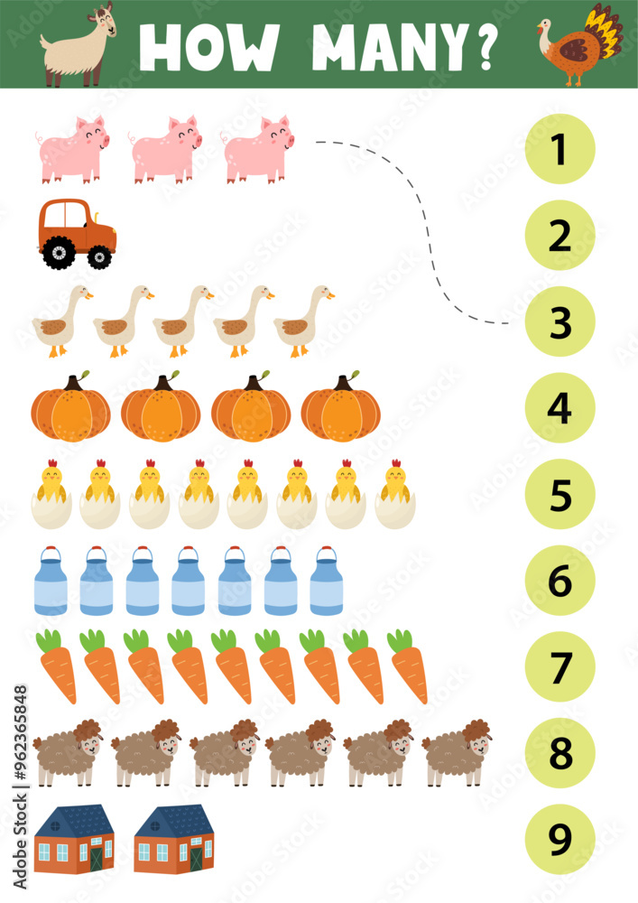 Naklejka premium Count and match activity page for kids with cute farm objects and animals. How many puzzle game template for school and preschool. Vector illustration