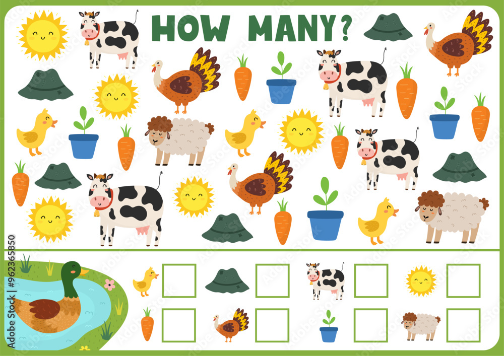 Obraz premium How many activity page for kids with cute farm animals. Count the number of cow, sheep, turkey and more. Puzzle game for school and preschool. Vector illustration