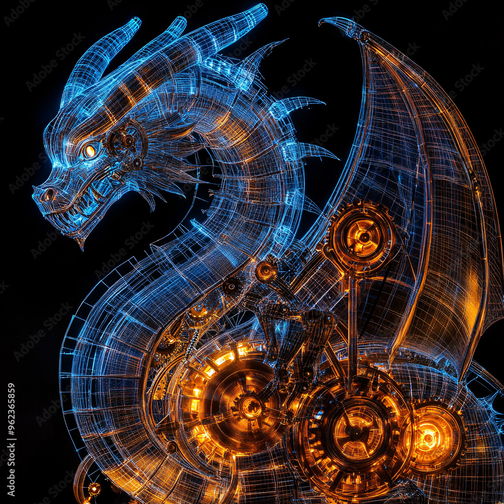 ntricate Blueprint of a Mechanical Dragon with Gears and Circuits, Steampunk and Futuristic Design, Glowing Schematic Detailing a Robotic Dragon Breathing Fire, Engineering Concept Art ntricate Blueprint of a Mechanical Dragon with Gears and Circuits, Steampunk and Futuristic Design, Glowing Schematic Detailing a Robotic Dragon Breathing Fire, Engineering Concept Art