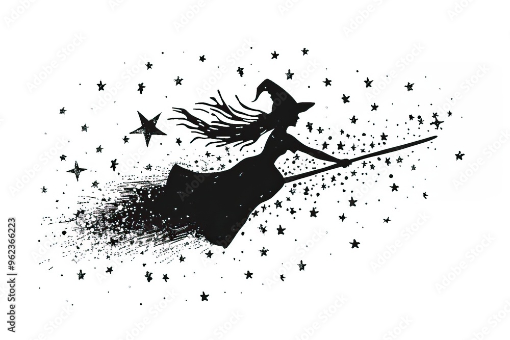 Silhouette of a witch flying on broomstick with trail of stars white background Silhouette of a witch flying on broomstick with trail of stars white background