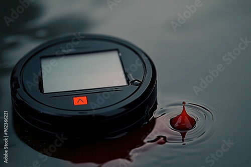 Glucose monitor with blood drop on dark reflective surface photo