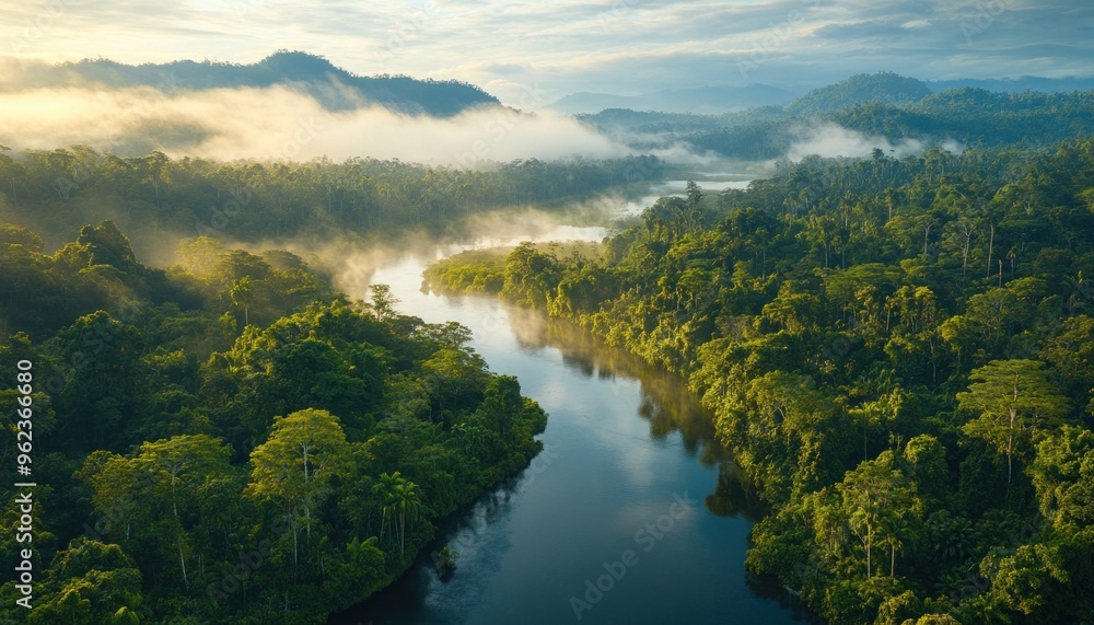 Aerial View of a River Winding Through a Misty Rainforest Aerial View of a River Winding Through a Misty Rainforest