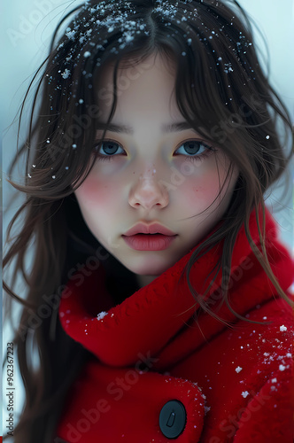 25 year old girl, sensual look, mouth half open, red coat in the snow