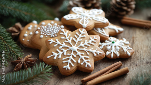 Beautifully decorated gingerbread snowflake cookies with icing and cinnamon sticks, showcasing traditional holiday treats in a rustic winter setting