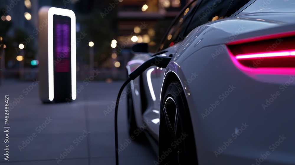 Electric vehicle charging with a high-tech station and a futuristic city background. Advanced charging technology with a clean cityscape and sustainable energy features. Electric vehicle charging with a high-tech station and a futuristic city background. Advanced charging technology with a clean cityscape and sustainable energy features.