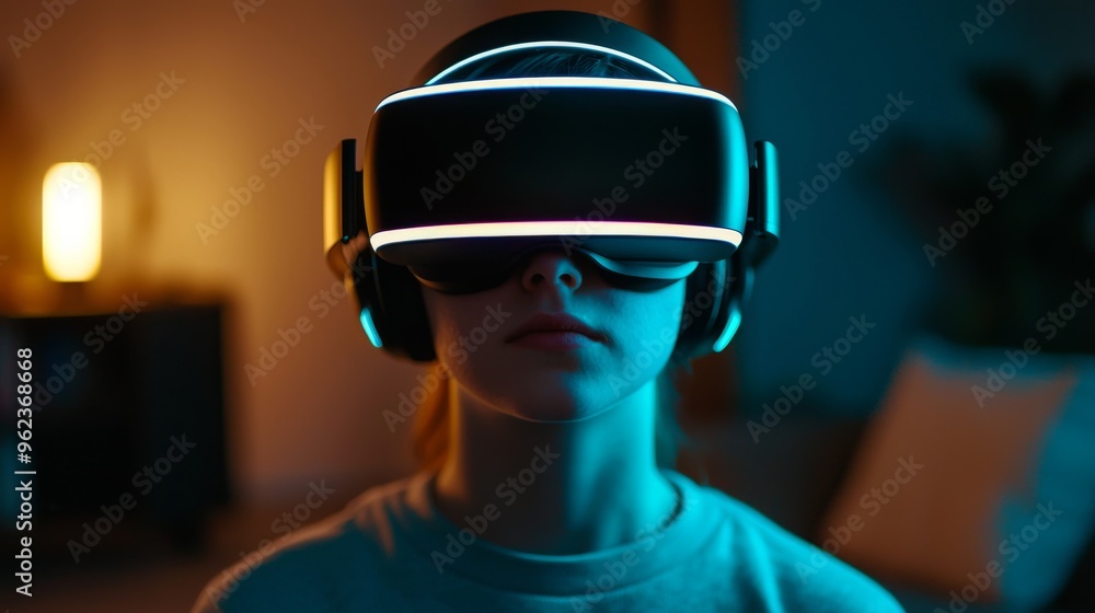 Futuristic VR headset with a glowing edge, person fully engaged in virtual reality. The future of gaming with a sleek VR headset glowing in a modern setting. Futuristic VR headset with a glowing edge, person fully engaged in virtual reality. The future of gaming with a sleek VR headset glowing in a modern setting.