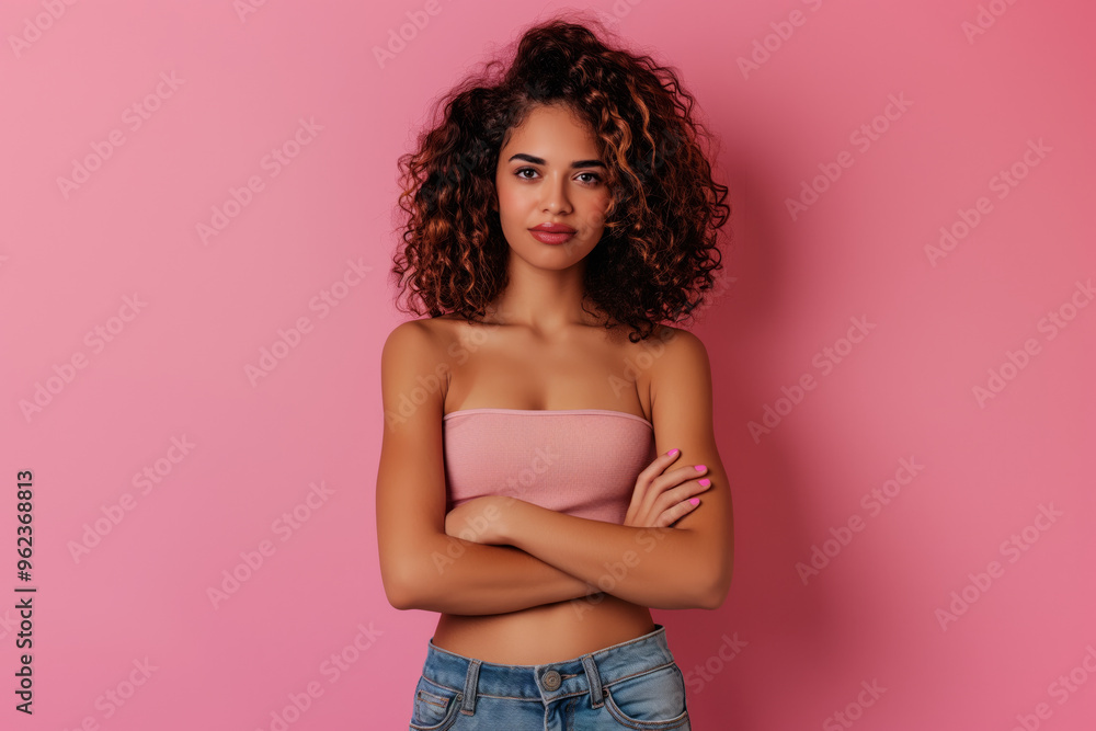 Brunette female model with stylish wavy hair is wearing a pink top and jeans. Confident woman with curly hairstyle standing with her arms crossed posing in front of a pink background. Brunette female model with stylish wavy hair is wearing a pink top and jeans. Confident woman with curly hairstyle standing with her arms crossed posing in front of a pink background.
