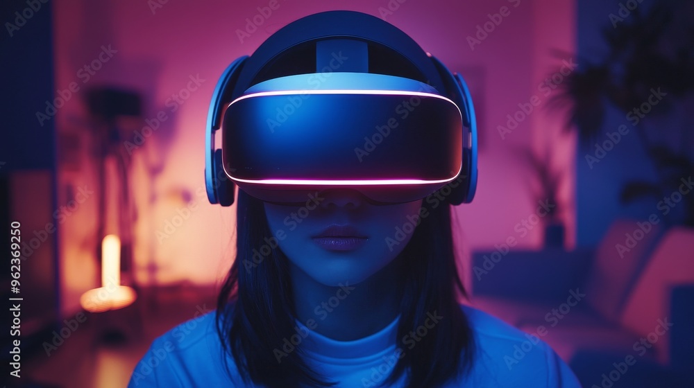Futuristic VR headset with a glowing edge, person fully engaged in virtual reality. The future of gaming with a sleek VR headset glowing in a modern setting. Futuristic VR headset with a glowing edge, person fully engaged in virtual reality. The future of gaming with a sleek VR headset glowing in a modern setting.