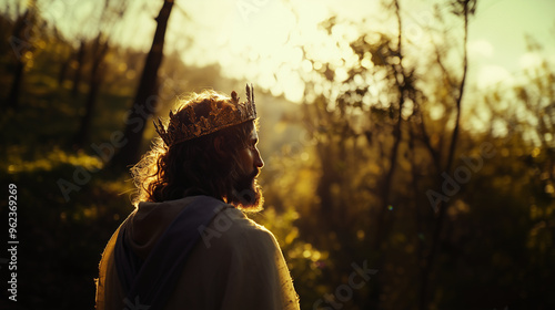 View from behind, of Jusus Christ with a king's crown. Jesus is the King photo