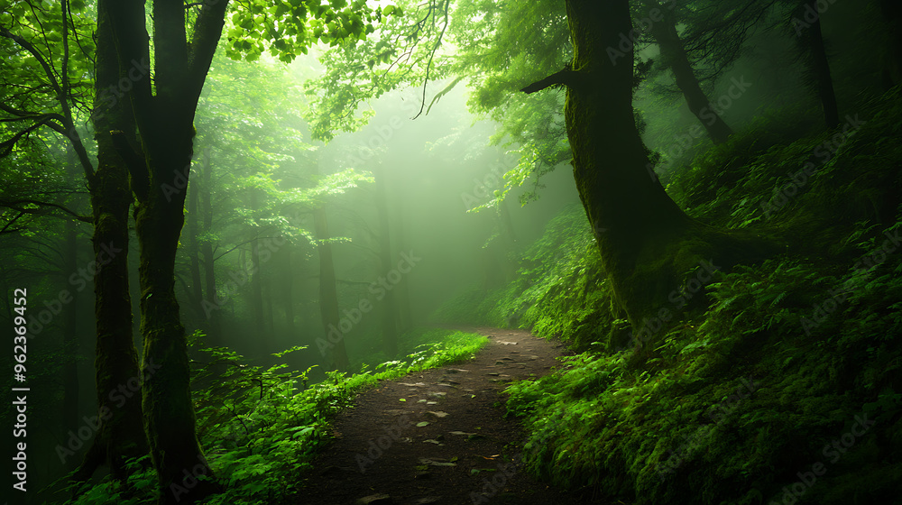 A winding path leads through a misty, green forest, sunlight filtering through the dense canopy. A winding path leads through a misty, green forest, sunlight filtering through the dense canopy.