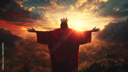 View from behind, of Jusus Christ with a king's crown, wearing a red tunic with his arms outstretched. Jesus is the King photo