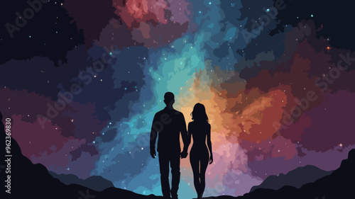 illustration of people in shadows together in love in the dark nature of the stars shining cute