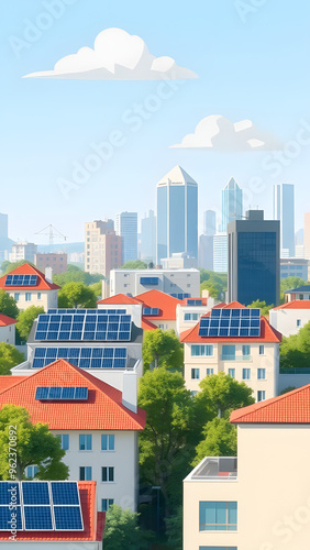 Eco-friendly city skyline with solar panels on rooftops in bright daylight
