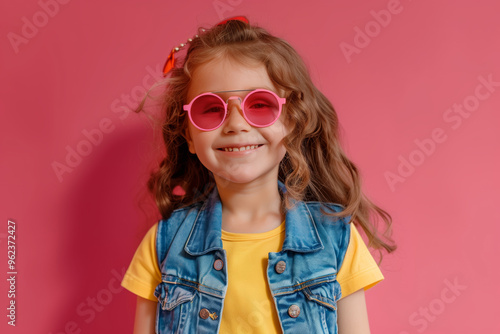 Merry energetic girl, playful and humorous wearing funny pink sunglasses. Concept of fun, humor and playfulness, as the young adult appears to be lively enjoying herself and posing for the camera.