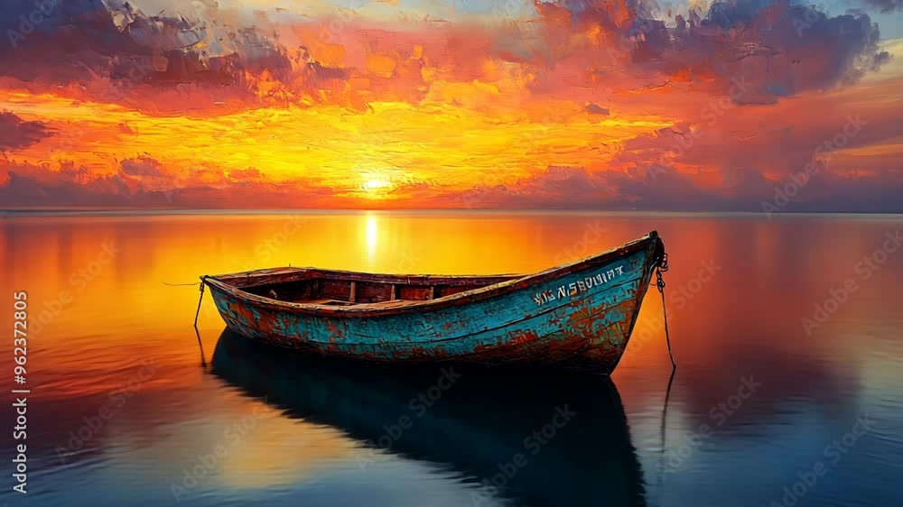 A small boat on calm water with a beautiful sunset in the background A small boat on calm water with a beautiful sunset in the background