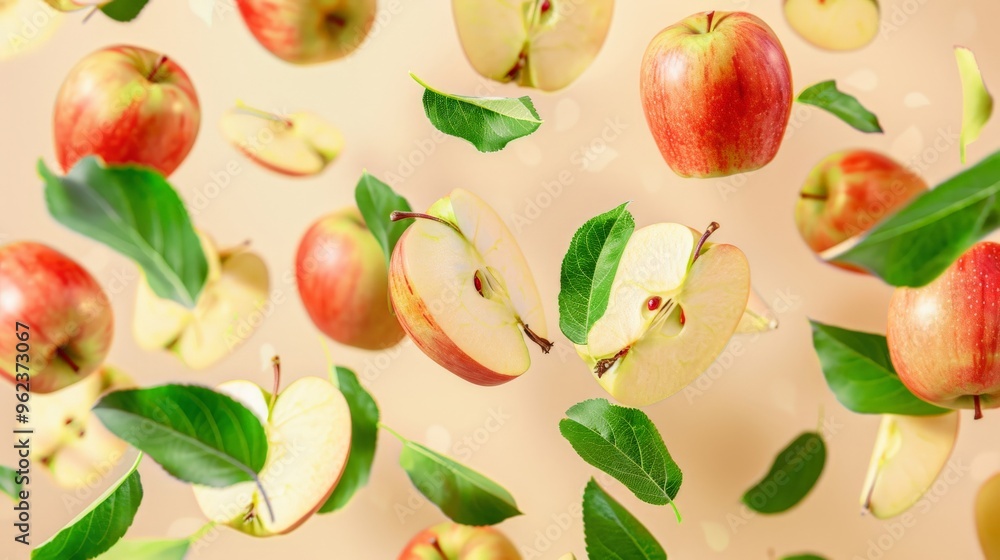 Ripe apple slices, both whole and cut, are suspended in mid-air against a soft backdrop. Green leaves accompany them, adding a fresh, lively touch to the composition Ripe apple slices, both whole and cut, are suspended in mid-air against a soft backdrop. Green leaves accompany them, adding a fresh, lively touch to the composition