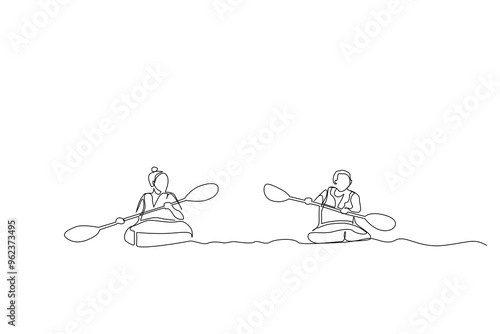 woman man together kayak canoe boat water sport activity lifestyle one line art design vector