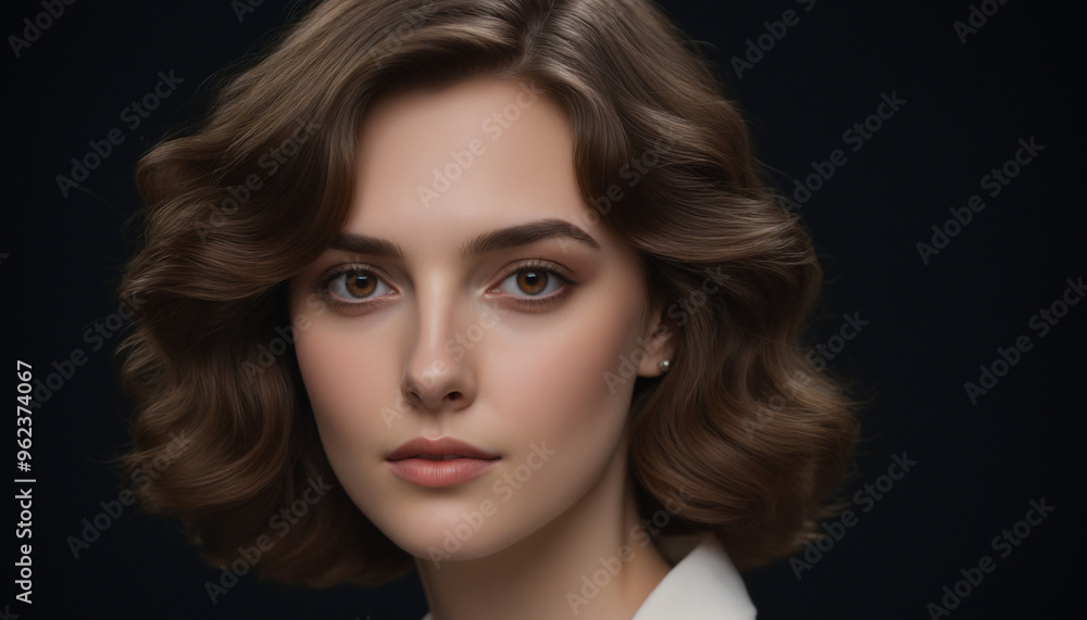 Close-up Portrait of a Beautiful Woman with Wavy Brown Hair and Soft Makeup Close-up Portrait of a Beautiful Woman with Wavy Brown Hair and Soft Makeup