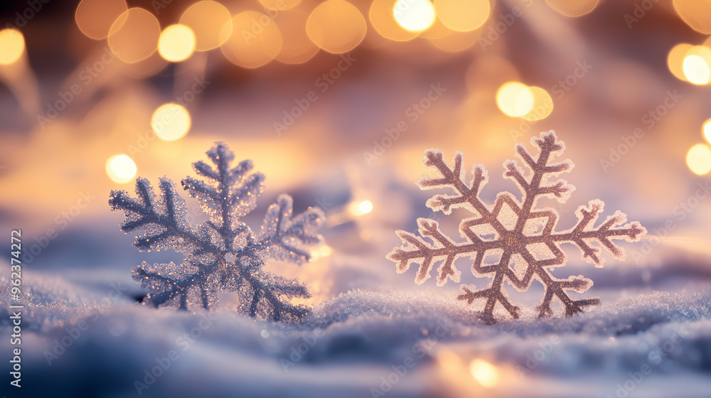 Frosty snowflake with shimmering bokeh lights in the background, close-up of detailed winter ornament on snow, magical holiday ambiance Frosty snowflake with shimmering bokeh lights in the background, close-up of detailed winter ornament on snow, magical holiday ambiance
