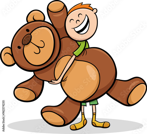 cute cartoon boy with big teddy bear cuddly toy