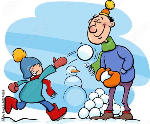 cartoon dad and son throwing snowballs on winter time