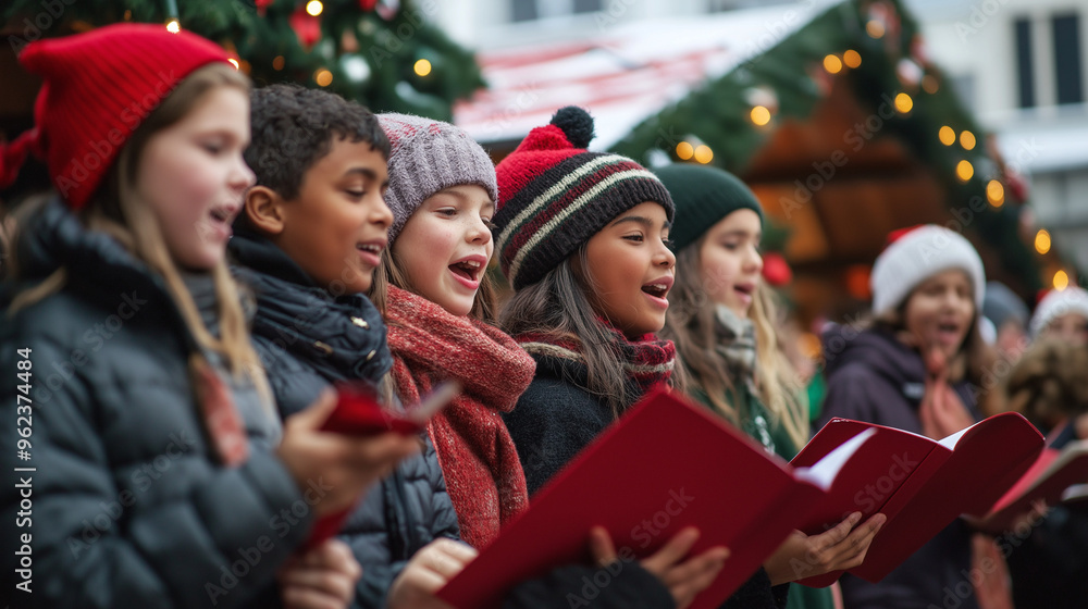 Fototapeta premium Group of young people singing Christmas carols outdoors at festive market, joyful holiday tradition with warm winter clothing and illuminated background