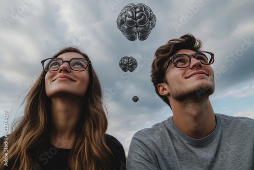 Brain fitness training Two individuals gazing upward with floating brain spheres above representing intellectual curiosity and expanding ideas photo