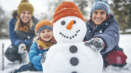 Happy children building a snowman on a snowy winter day, kids enjoying outdoor play in colorful winter clothing, joyful family holiday activity