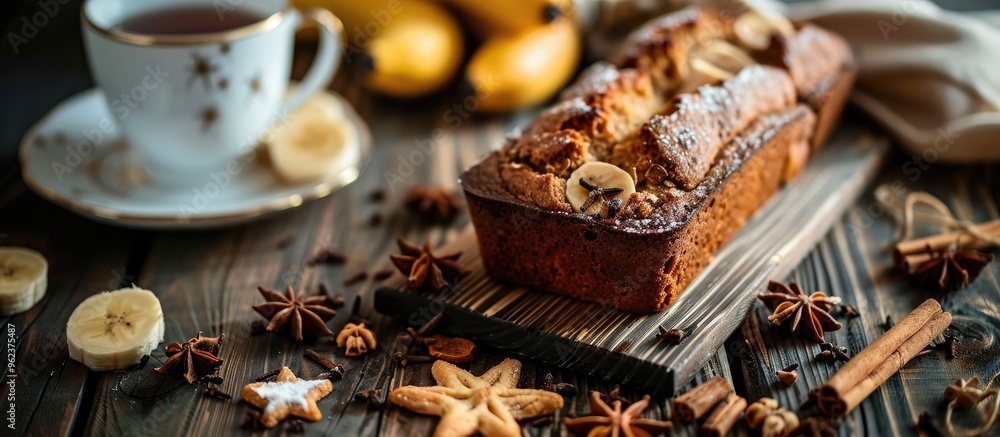 Homemade Banana Bread With Anis Star And Cinnamon On A Dark Wooden Background Cup Of Tea And Banana Cake Breakfast Autumn Winter Cozy Home Homemade Banana Bread With Anis Star And Cinnamon On A Dark Wooden Background Cup Of Tea And Banana Cake Breakfast Autumn Winter Cozy Home