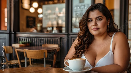 Una mujer sentada en una cafetería sostiene una taza de café. Relajada, disfruta del momento. El ambiente es acogedor, con muebles de madera, luces cálidas 