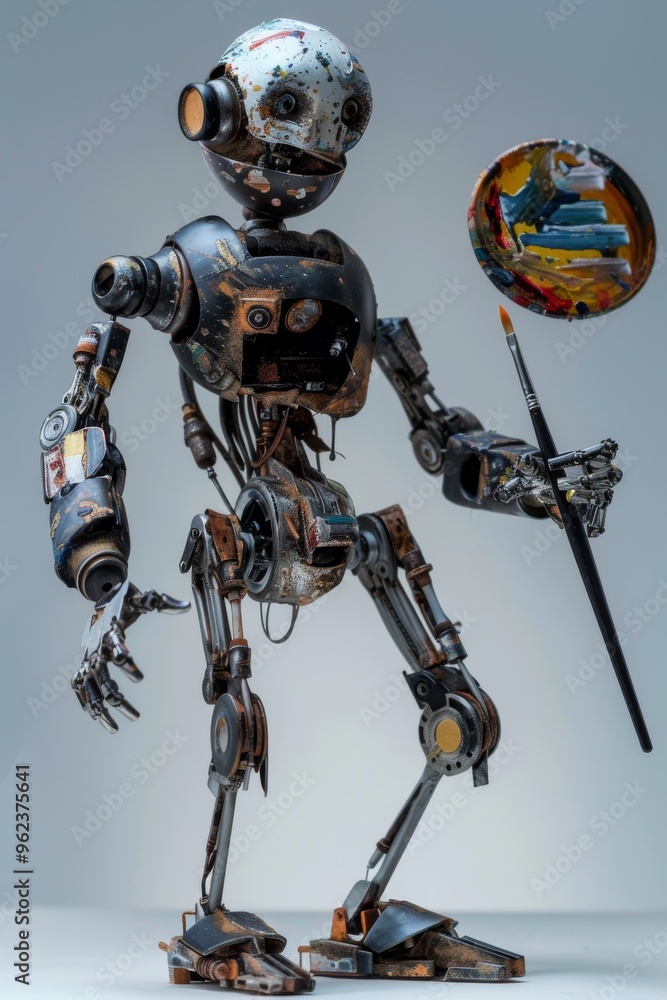 Robot holding a paintbrush, symbolizing fusion of technology with traditional artistic expression