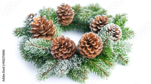 Snow-Dusted Pine Cone Wreath on White Background