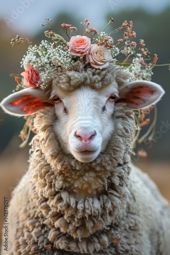 Surreal sheep with a delicate floral headpiece, merging natural beauty with whimsical charm