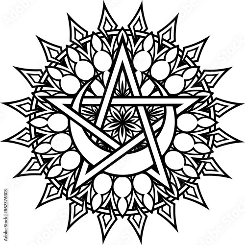 Moon pentacle within circle ornament. Magic design and decor element. Highly detailed and neat lines for print or engraving, coloring book pages