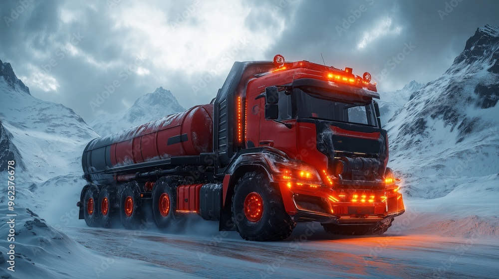 Massive Red Tanker Truck Driving Through Snowy Mountain Pass, Illuminated by Orange Lights, Harsh Winter Conditions Massive Red Tanker Truck Driving Through Snowy Mountain Pass, Illuminated by Orange Lights, Harsh Winter Conditions