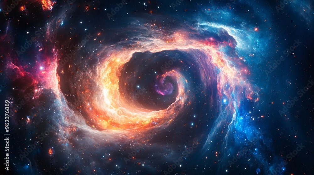 A swirling nebula of gas and dust in space. A swirling nebula of gas and dust in space.