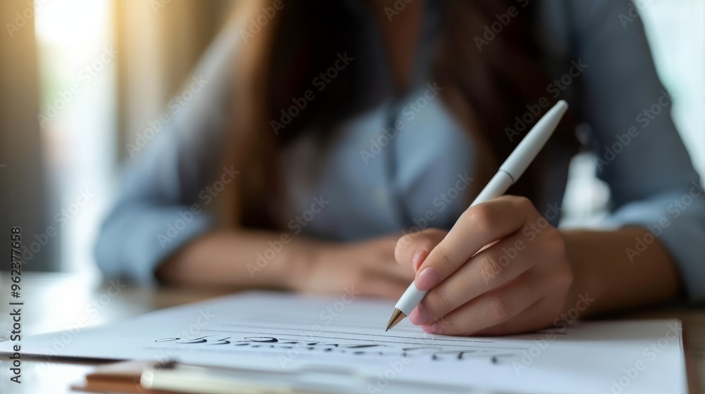 A close-up view of a woman delicately writing calligraphy, captured in soft focus. The warm lighting creates a serene and focused atmosphere, emphasizing the graceful strokes and the art of A close-up view of a woman delicately writing calligraphy, captured in soft focus. The warm lighting creates a serene and focused atmosphere, emphasizing the graceful strokes and the art of